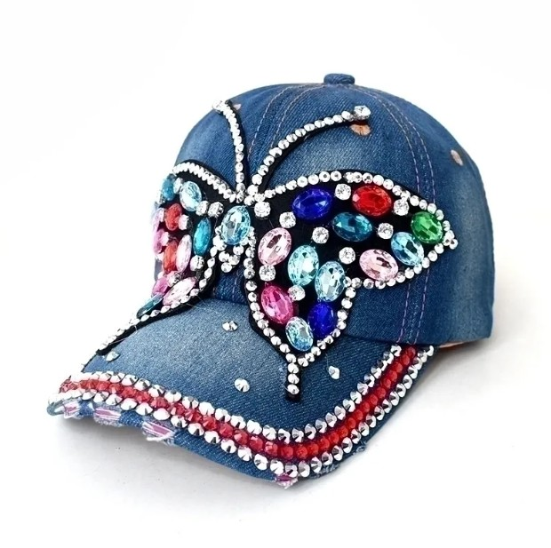 Dark Blue Rhinestone Butterfly Design Women Hat