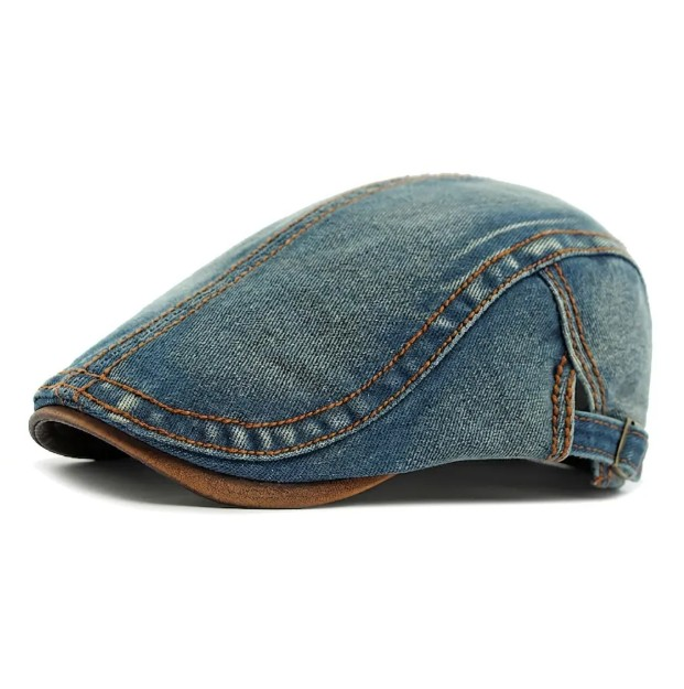 Distressed Blue Denim Flat Adjustable Ivy Beret Hat