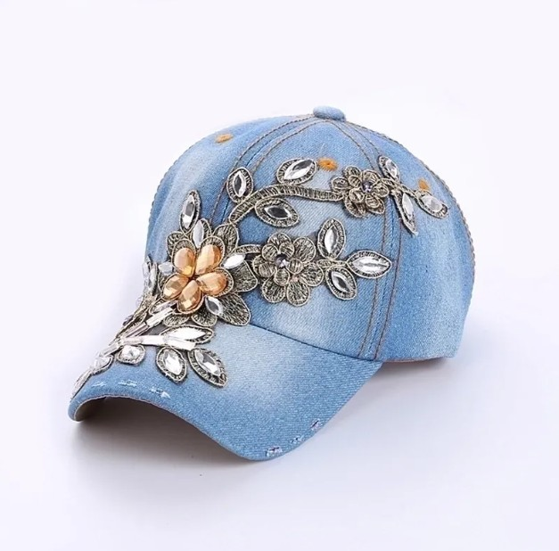 Light Blue Denin Rhinestone Women Hats