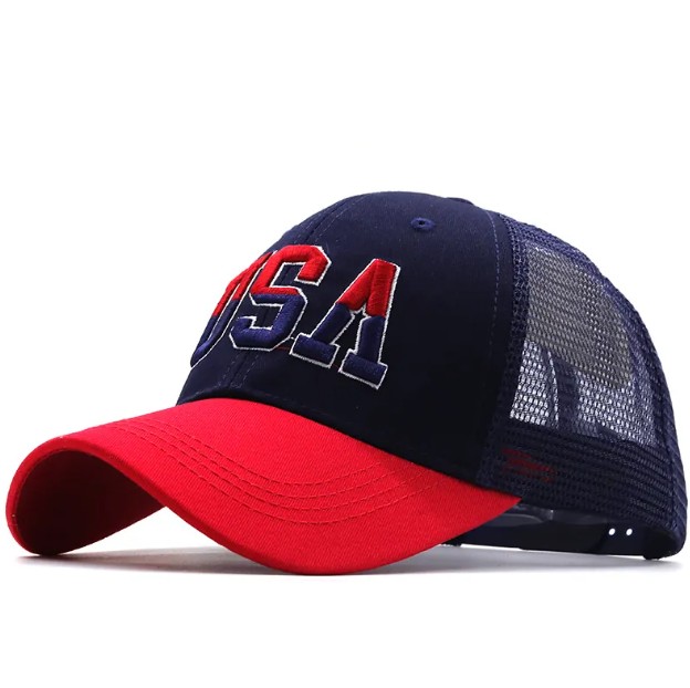 Mens Adjustable Embroider USA Mesh Trucker Cap In Blue