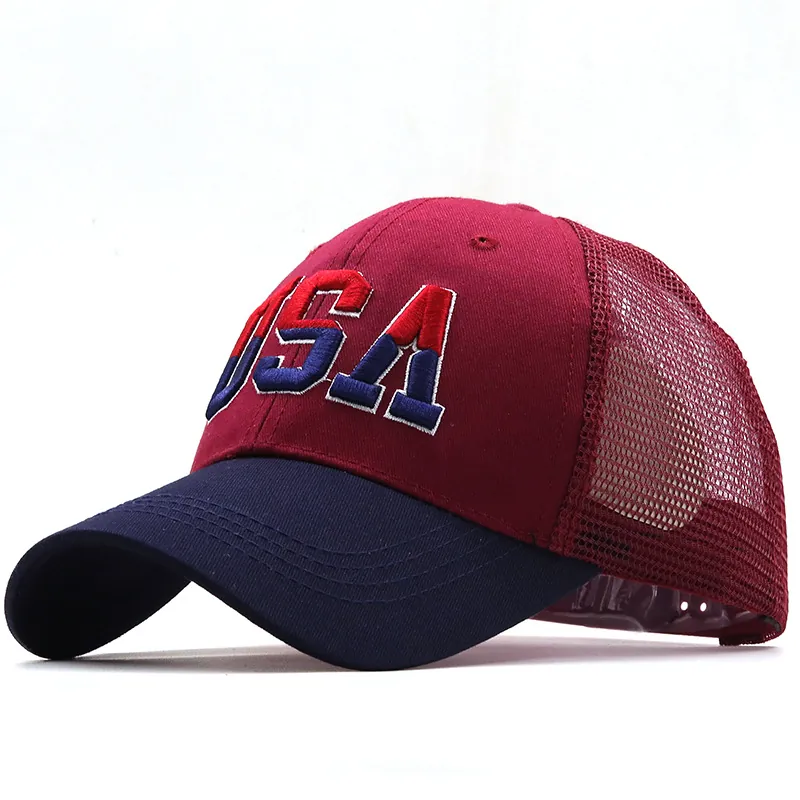 Mens Adjustable Embroider USA Mesh Trucker Cap In Burgundy